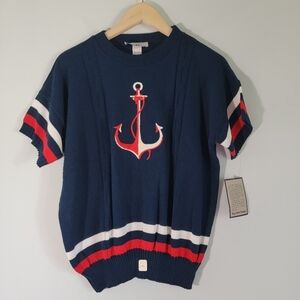 NEW Bay Point Threads Women Black "Anchor" Nautical Knit Top Sz XL Short Sleeve